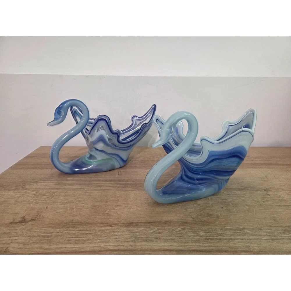 Pair of Vintage 70s Sooner Blown Glass Swan Bird Dishes Blue White Swirl 10''